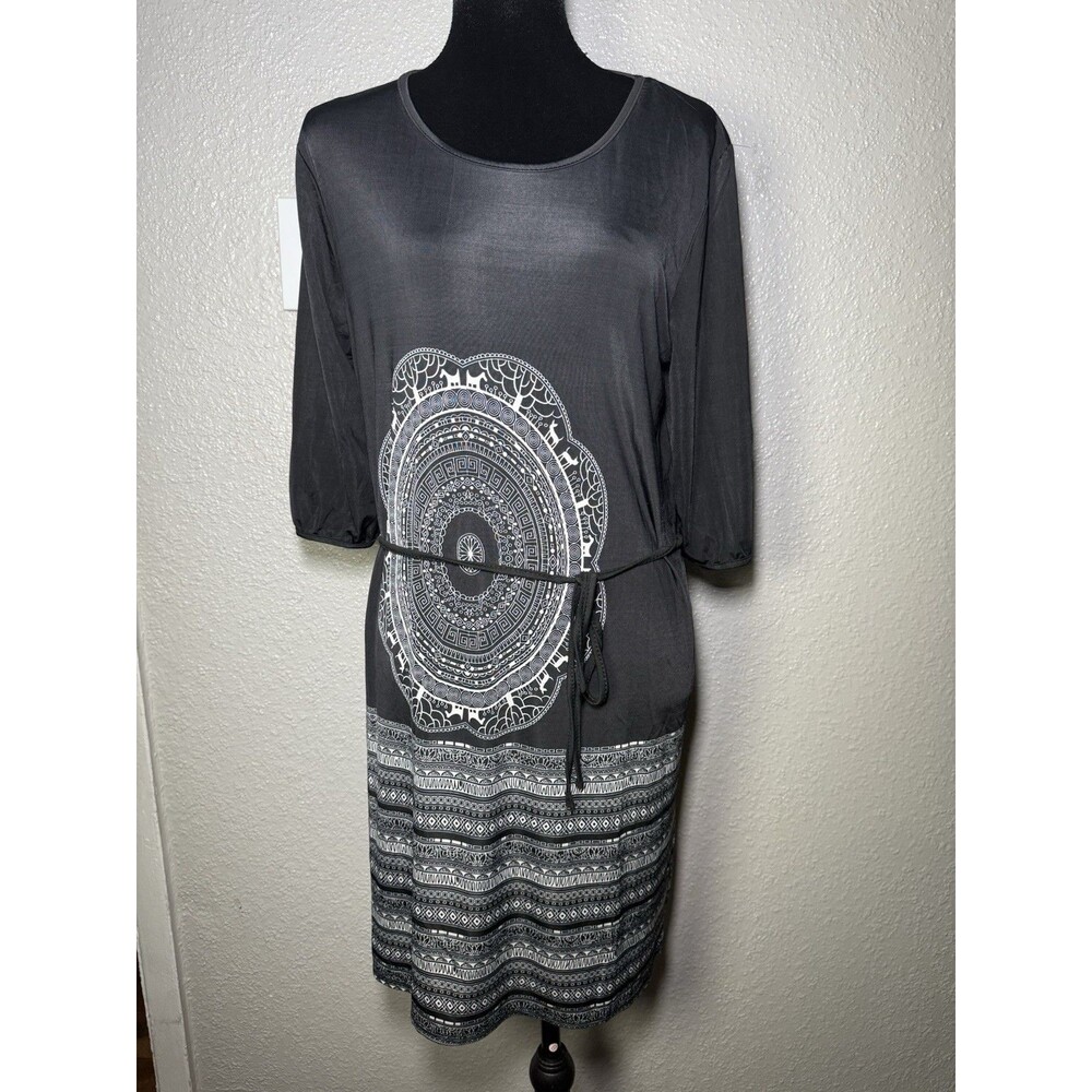Boho Mandala Print Dress Black White 3/4 Sleeve Belted Casual Size Small
